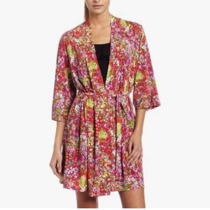 Josie by Natori Porcelain Kimono Robe Multicolor Floral Short Loungewear-Large